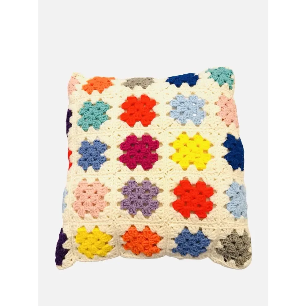 Vintage Granny Square Crochet Throw Pillow Floral Multi Colors Grannycore 16”